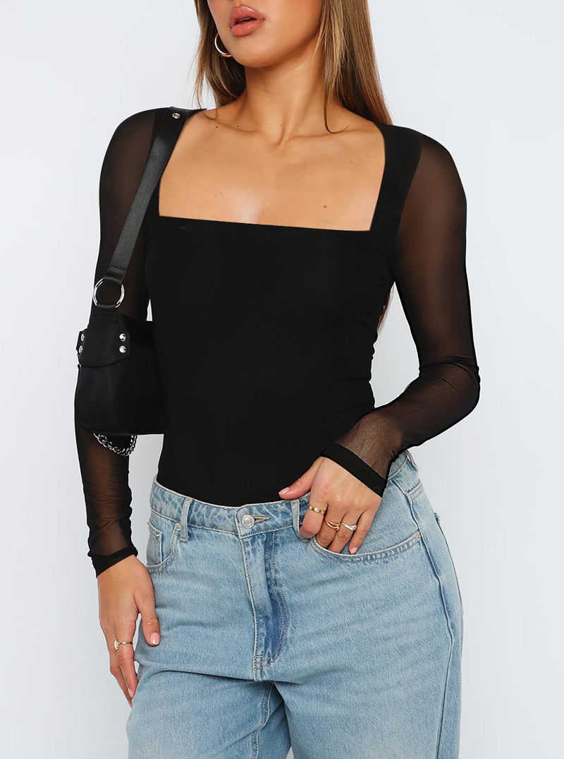 AGECODE Women's Square Neck Mesh Long Sleeve Bodysuit Shirts Ruched Body Suit Leotard Tops Black Large - Image 2