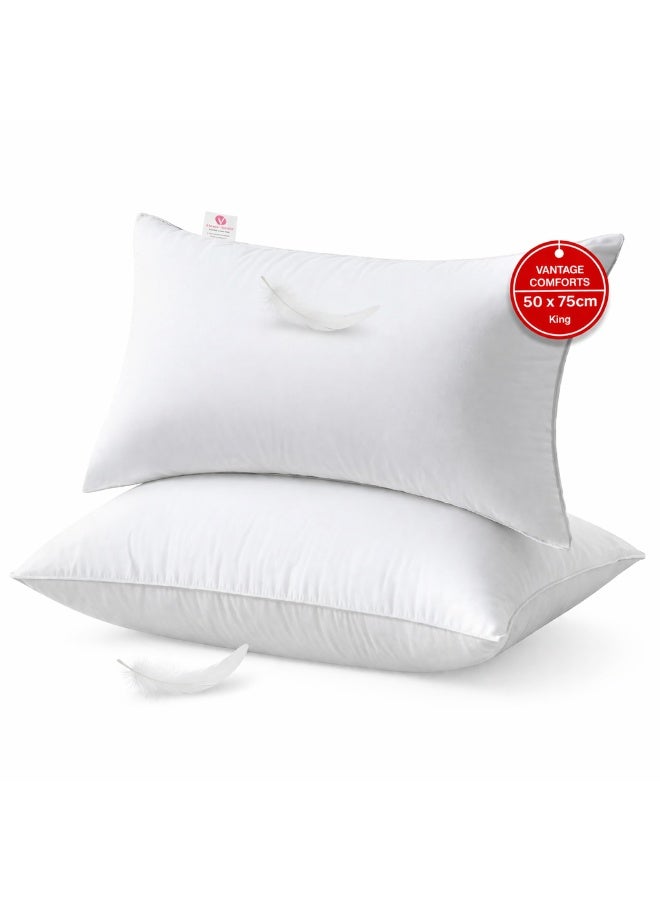 VANTAGE COMFORTS Goose Feather Down Pillow  King Size 50 x 75 cm | 90% Goose Feather + 10% Goose Down | Soft Backrest Pillow | Hotel Luxury Sleeping Pillow | Natural Cotton Down-Proof Cushion for All - Image 1