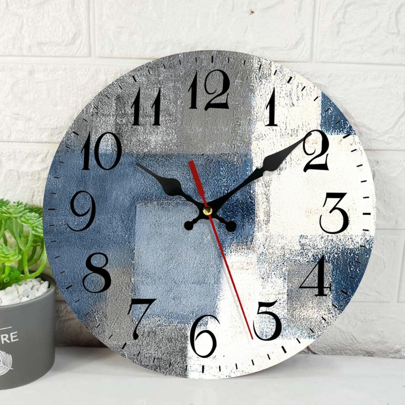 ArtSocket ArtSocket Wooden Wall Clock Silent NonTicking Blue White Grey Abstract Painting Gray Vintage Round Wall Clocks Decor for Home Kitchen Living Room Office Battery Operated12 Inch