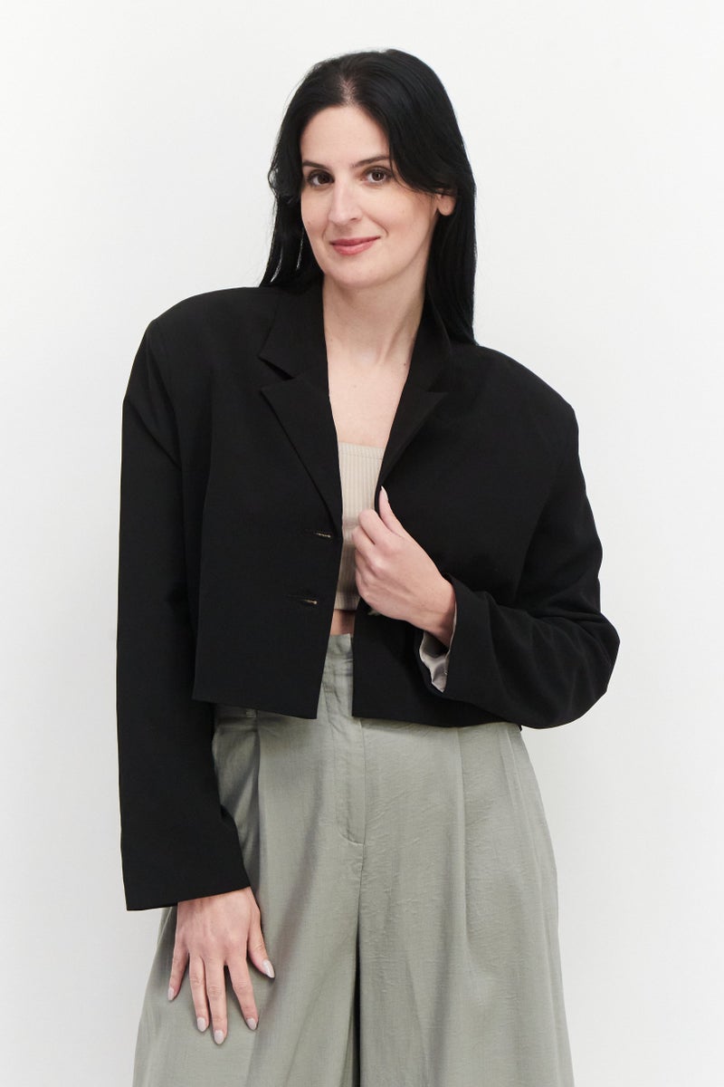 TOPSHOP Women Regular Fit Solid Crop Casual Blazer, Black - Image 1