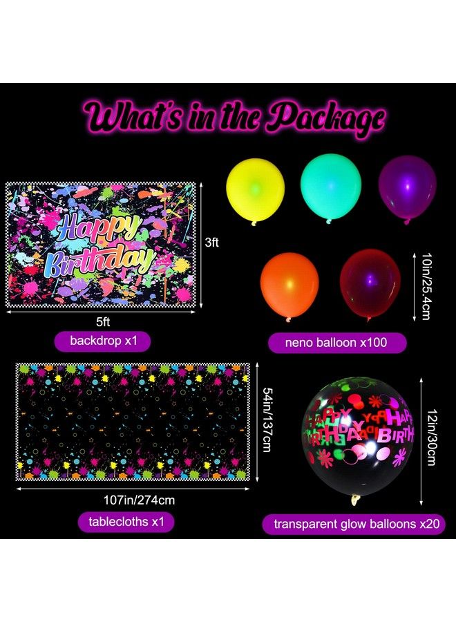 Tegeme 126 Pieces Neno Glow In The Dark Birthday Party Supplies Includes Graffiti Splash Paint Background Glow Party Table Covers Neon Glow Balloons And Transparent Fluorescent Glow Rubber Balloons - Image 4