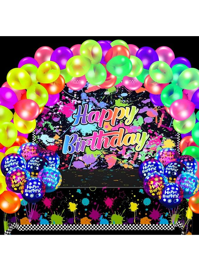 Tegeme 126 Pieces Neno Glow In The Dark Birthday Party Supplies Includes Graffiti Splash Paint Background Glow Party Table Covers Neon Glow Balloons And Transparent Fluorescent Glow Rubber Balloons - Image 1