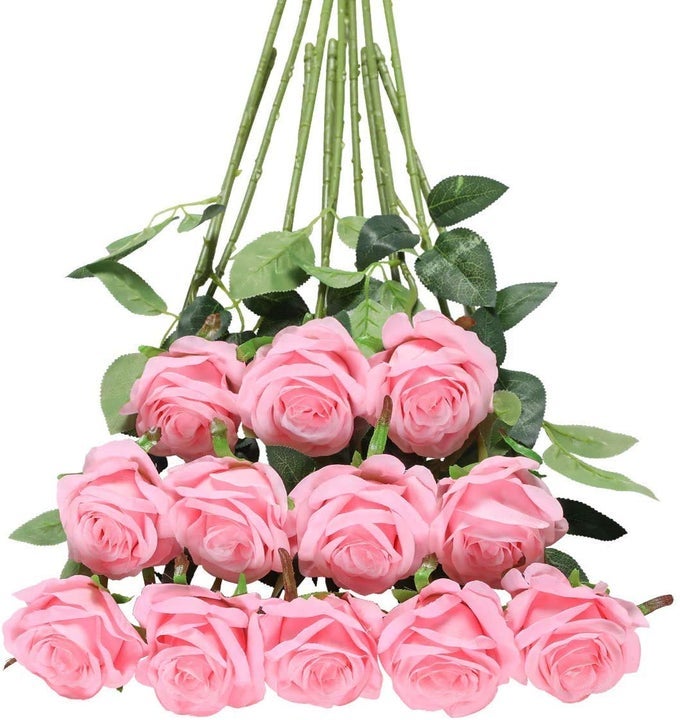 PINK ROSES ARTIFICIAL FLOWERS 12 PCS REALISTIC SINGLE LONG STEM FAKE SILK ROSES BOUQUET FOR PARTY HOME WEDDING CENTERPIECE OFFICE DIY DECOR
