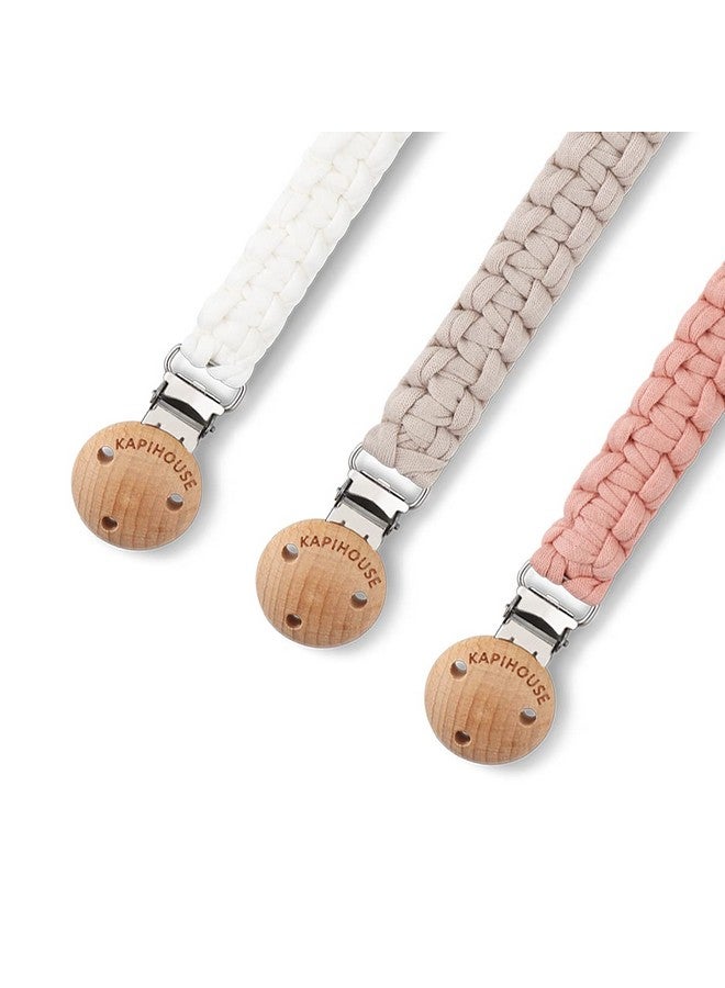 Kapihouse Pacifier Clip for Girl 9.2 Inch Pacifier Leashes woodern Clips Teething Toy with Handmade Braided Cotton Modern Unisex Baby Shower Birthdays Christmas Set (3 Pack Grils) - Image 3