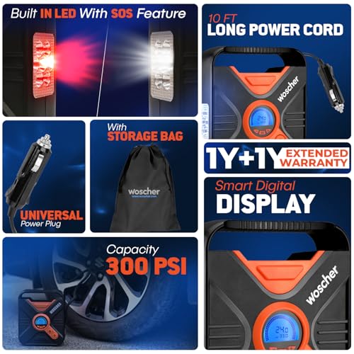 Woscher Pro Power Tyre Inflator for Car and Bike, Air Pump for Car Tyre, 300 PSI 12V Digital Car Inflator with Pressure Gauge, LED/SOS Light | Tyre Inflator Kit | Cycle Pump for Bicycle - Image 2