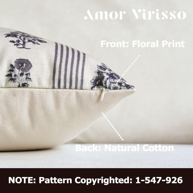 Amor Virisso Floral Throw Pillow Covers 18x18 Set of 2 Block Print Pillow Covers Neutral Floral Striped Farmhouse Decorative Pillow Covers for Sofa Couch Bed, Light Taupe - Image 2