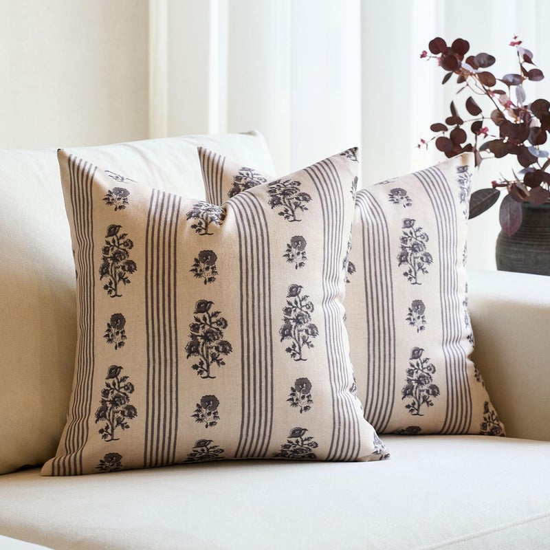 Amor Virisso Floral Throw Pillow Covers 18x18 Set of 2 Block Print Pillow Covers Neutral Floral Striped Farmhouse Decorative Pillow Covers for Sofa Couch Bed, Light Taupe - Image 1