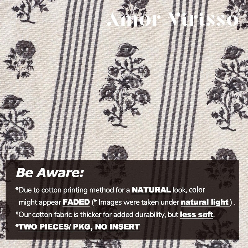 Amor Virisso Floral Throw Pillow Covers 18x18 Set of 2 Block Print Pillow Covers Neutral Floral Striped Farmhouse Decorative Pillow Covers for Sofa Couch Bed, Light Taupe - Image 3