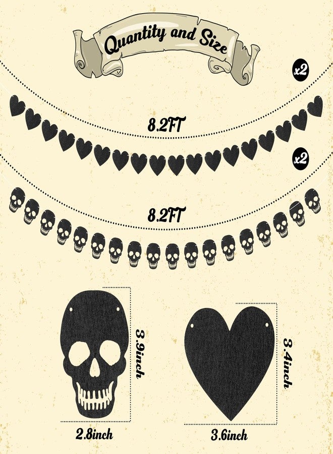 K1tpde 4PCS Gothic Black Heart Skull Garland Banner Kits, Black Felt Heart Banner for Valentines, Skull Garland Backdrop for Gothic Birthday Party Decorations, Halloween Home Decor Party Supplies - Image 5