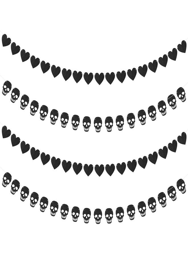 K1tpde 4PCS Gothic Black Heart Skull Garland Banner Kits, Black Felt Heart Banner for Valentines, Skull Garland Backdrop for Gothic Birthday Party Decorations, Halloween Home Decor Party Supplies - Image 1