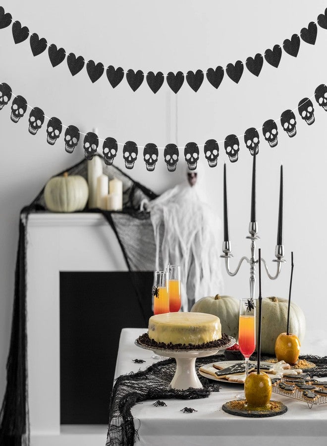 K1tpde 4PCS Gothic Black Heart Skull Garland Banner Kits, Black Felt Heart Banner for Valentines, Skull Garland Backdrop for Gothic Birthday Party Decorations, Halloween Home Decor Party Supplies - Image 4