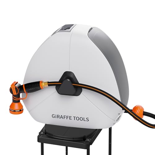 Giraffe Tools Retractable Hose Reel with 1/2 Inch x 100FT, Heavy Duty Ground Mount Garden Hose Reel, Automatic Rewind,with 9-Function Sprayer Nozzle & Flexible Swivel Base - Image 1
