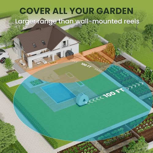 Giraffe Tools Retractable Hose Reel with 1/2 Inch x 100FT, Heavy Duty Ground Mount Garden Hose Reel, Automatic Rewind,with 9-Function Sprayer Nozzle & Flexible Swivel Base - Image 3