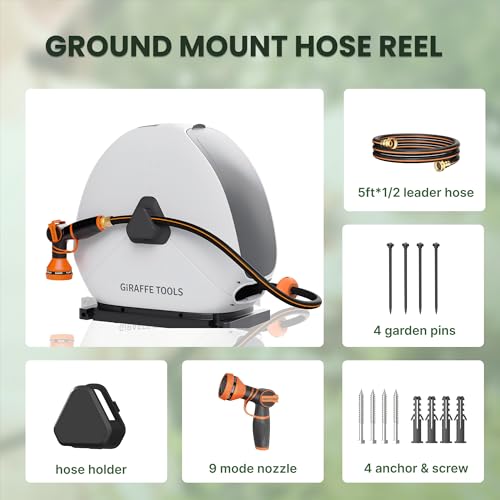 Giraffe Tools Retractable Hose Reel with 1/2 Inch x 100FT, Heavy Duty Ground Mount Garden Hose Reel, Automatic Rewind,with 9-Function Sprayer Nozzle & Flexible Swivel Base - Image 2