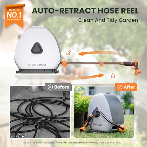 Giraffe Tools Retractable Hose Reel with 1/2 Inch x 100FT, Heavy Duty Ground Mount Garden Hose Reel, Automatic Rewind,with 9-Function Sprayer Nozzle & Flexible Swivel Base - Image 4