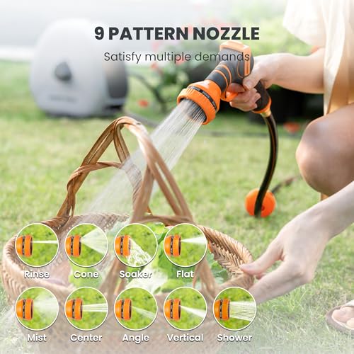 Giraffe Tools Retractable Hose Reel with 1/2 Inch x 100FT, Heavy Duty Ground Mount Garden Hose Reel, Automatic Rewind,with 9-Function Sprayer Nozzle & Flexible Swivel Base - Image 5