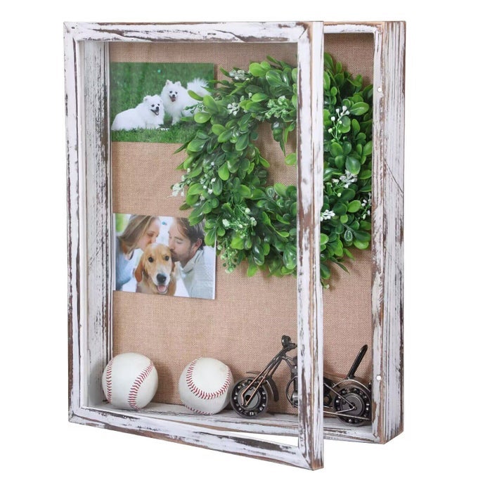 SHADOW BOX FRAME16X20 EXTRA LARGE SHADOW BOXES DISPLAY CASES WITH HINGED DOOR MEMORIAL SHADOW BOX FRAME FOR BASEBALL BOUQUET FLOWERS WEDDING JERSEY MEDALS ANTIQUE KEEPSAKE RUSTIC WHITE
