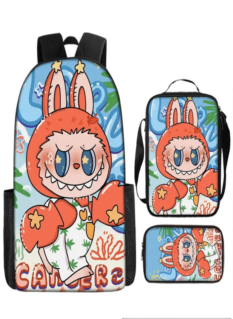 LABUBU Children Backpack Schoolbag Teen Student School Book bag with Lunch Box Pen Case 3 in 1 for Kids