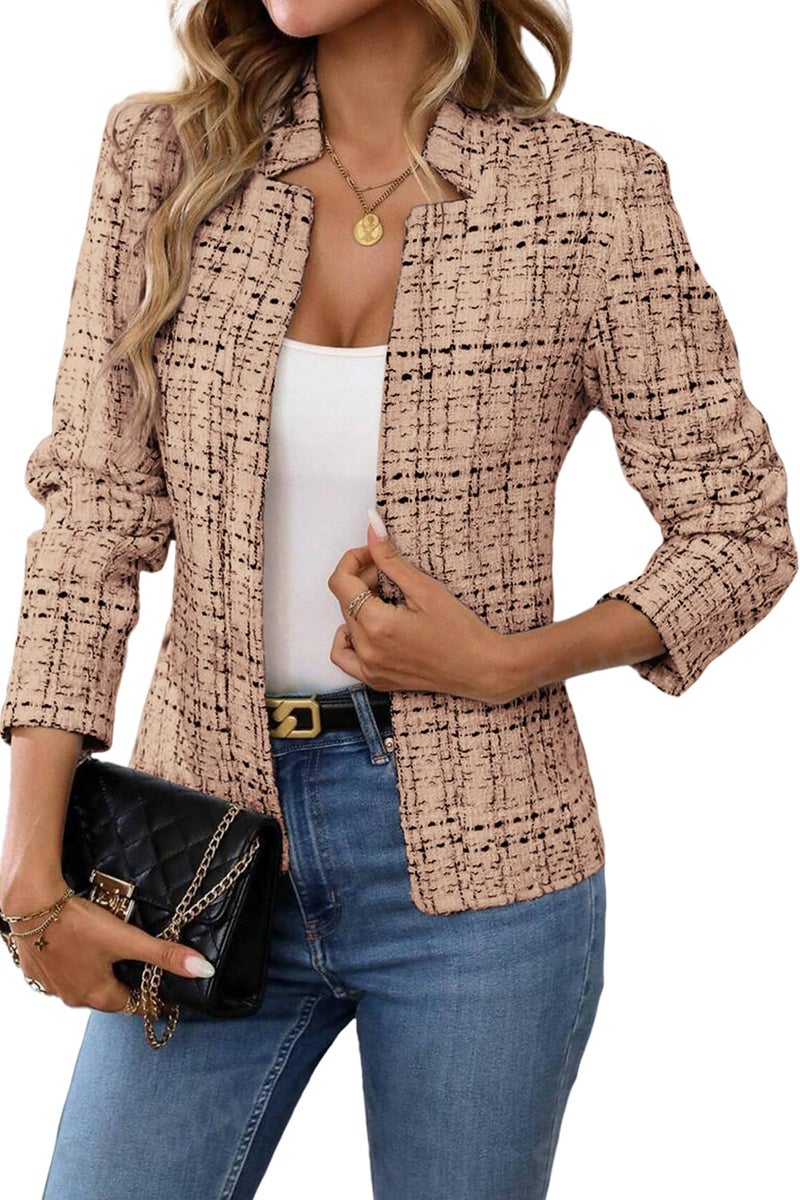 ELLEVEN Womens Blazer Business Casual Suit Jacket Tweed Blazers for Women Slim Fit Fitted Long Sleeve Stand Collar Blazer Dressy Full Lining Coat Cardigan with Padded Shoulder Dark Khaki Small - Image 1