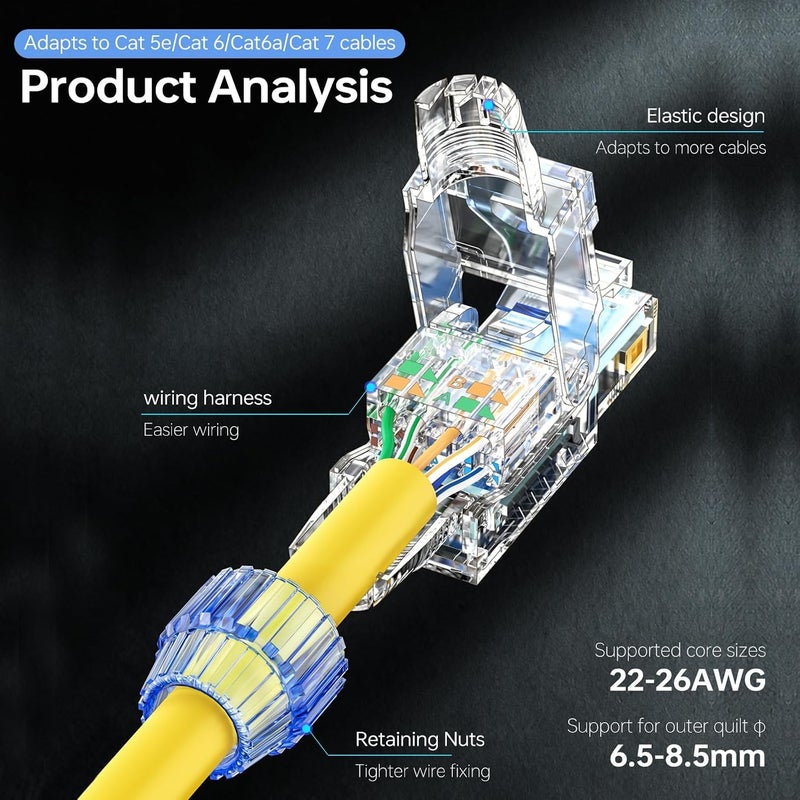 MAKINGTEC 4-Pack RJ45 Connectors Toolless10 Gigabit, Cat5e Cat6 Cat6A Cat7 Network Cable Connector, Gold-Plated Copper, 22-26 AWG - Image 3