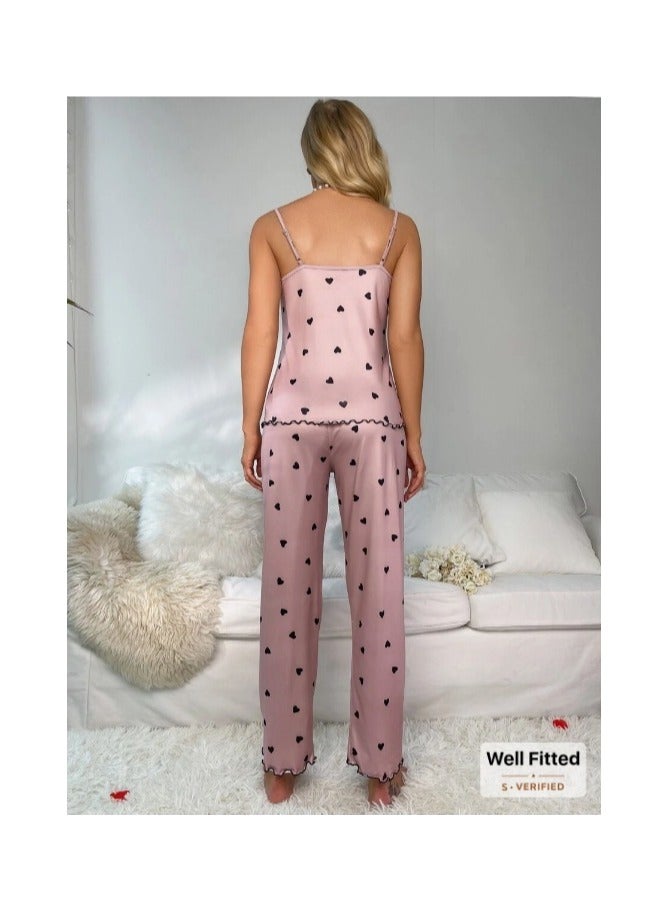 Heart Print Contrast Lace Bow Front Cami PJ Set / Pajama Set Bow Tie - Image 2