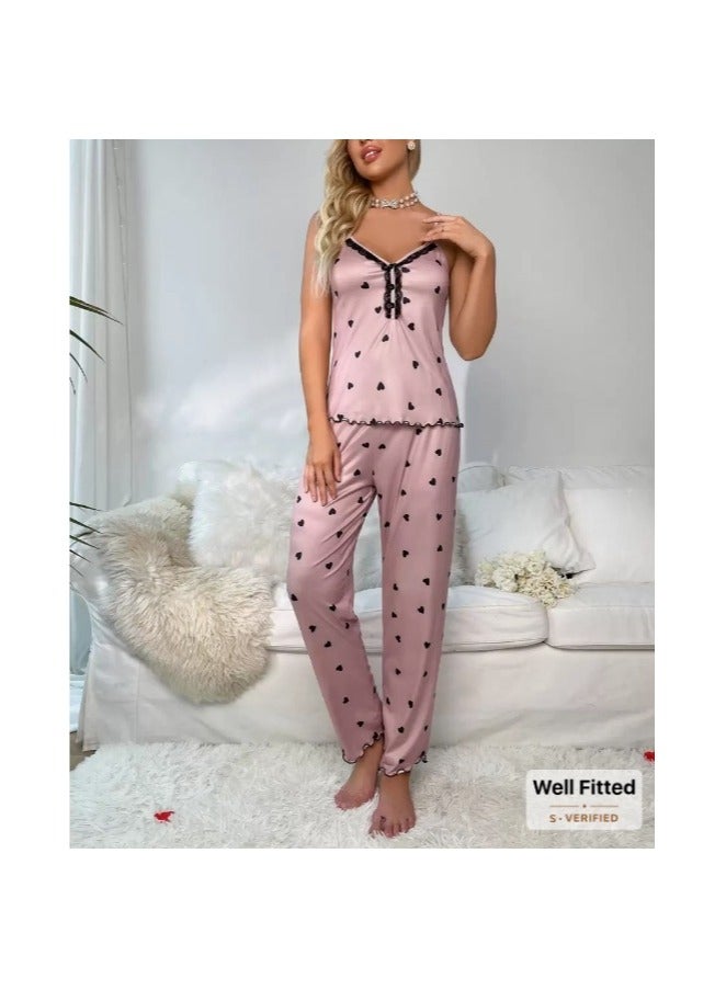 Heart Print Contrast Lace Bow Front Cami PJ Set / Pajama Set Bow Tie - Image 3