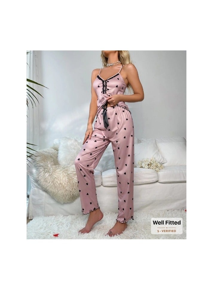 Heart Print Contrast Lace Bow Front Cami PJ Set / Pajama Set Bow Tie - Image 4