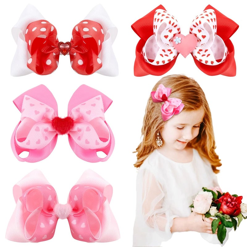 TOKUFAGU Valentine Hair Bow Large Red Clips with Pink Love RibbonValentines Day Bows for Girls Double Layer Heart Hair Clip Bow Bowknot Headwear Hairpin Alligator Clips for Women Girls