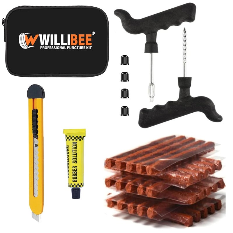 WILLIBEE 7 in 1 (Pack of 20 Strips) Tubeless Tyre Puncture Repair Kit for Car, Bike, Scooter & SUV - Universal Emergency Tyre Fix Tool Set, Flat Tire Puncher Repair Kit (with Storage Bag). - Image 1
