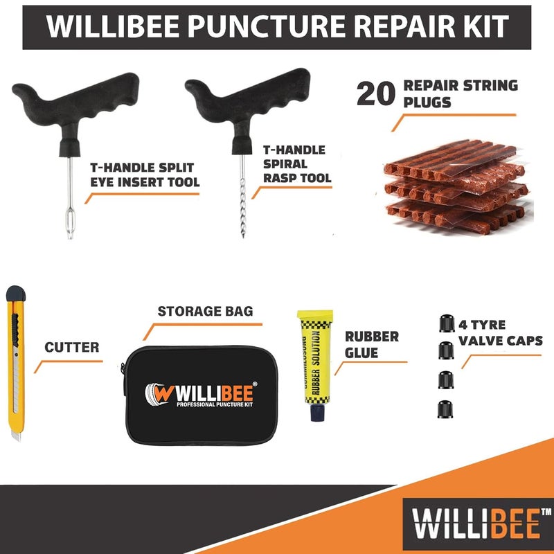 WILLIBEE 7 in 1 (Pack of 20 Strips) Tubeless Tyre Puncture Repair Kit for Car, Bike, Scooter & SUV - Universal Emergency Tyre Fix Tool Set, Flat Tire Puncher Repair Kit (with Storage Bag). - Image 2