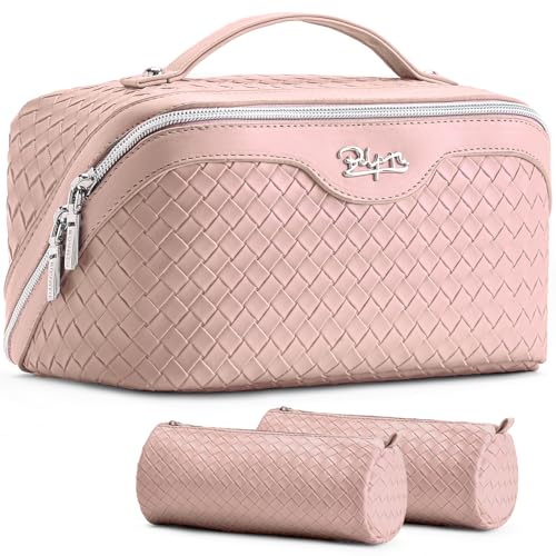 BOYATU Travel Makeup Bag Cosmetic Bags for Women: Large Capacity 3 Pcs Set Make up Bag with Compartments - Waterproof Vegan Leather Toiletry Organizer Bags with Handle (L04 Light Pink) - Image 1
