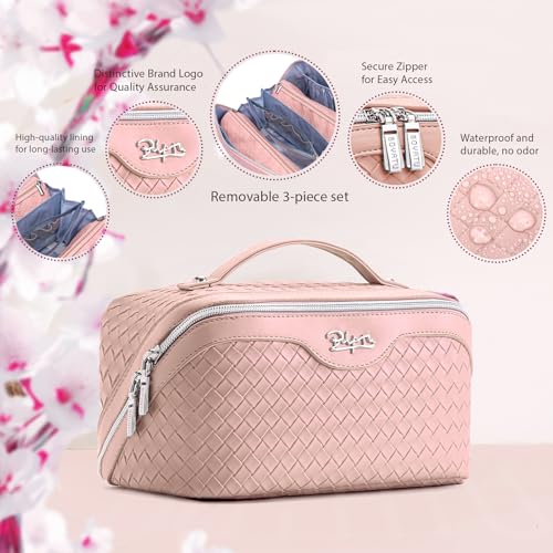 BOYATU Travel Makeup Bag Cosmetic Bags for Women: Large Capacity 3 Pcs Set Make up Bag with Compartments - Waterproof Vegan Leather Toiletry Organizer Bags with Handle (L04 Light Pink) - Image 2