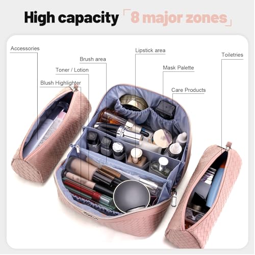 BOYATU Travel Makeup Bag Cosmetic Bags for Women: Large Capacity 3 Pcs Set Make up Bag with Compartments - Waterproof Vegan Leather Toiletry Organizer Bags with Handle (L04 Light Pink) - Image 4