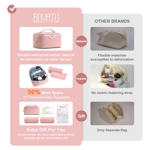 BOYATU Travel Makeup Bag Cosmetic Bags for Women: Large Capacity 3 Pcs Set Make up Bag with Compartments - Waterproof Vegan Leather Toiletry Organizer Bags with Handle (L04 Light Pink) - Image 3