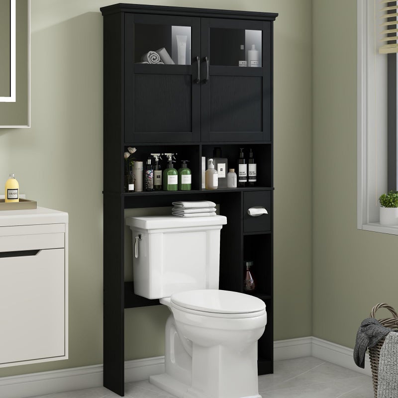 Vabches Over The Toilet Storage Cabinet Storage Cabinet Over Toilet with Double Doors  Toilet Paper Holder Stand Freestanding Toilet Shelf Space Saver with AntiTip Design  Adjustable Shelf Black