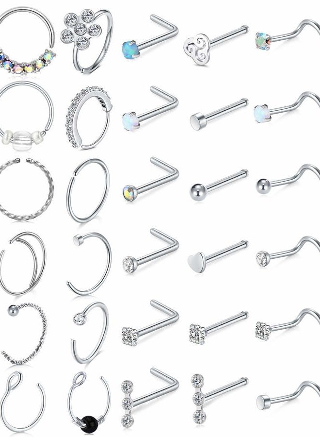 Longita 20g Nose Rings Hoop L Shape Nose Studs Stainless Steel Nose Screw Bone Flat Top Diamond Opal Heart High Nostril Piercing Jewelry Silver Rose Gold Black Pack for Women Men - Image 1