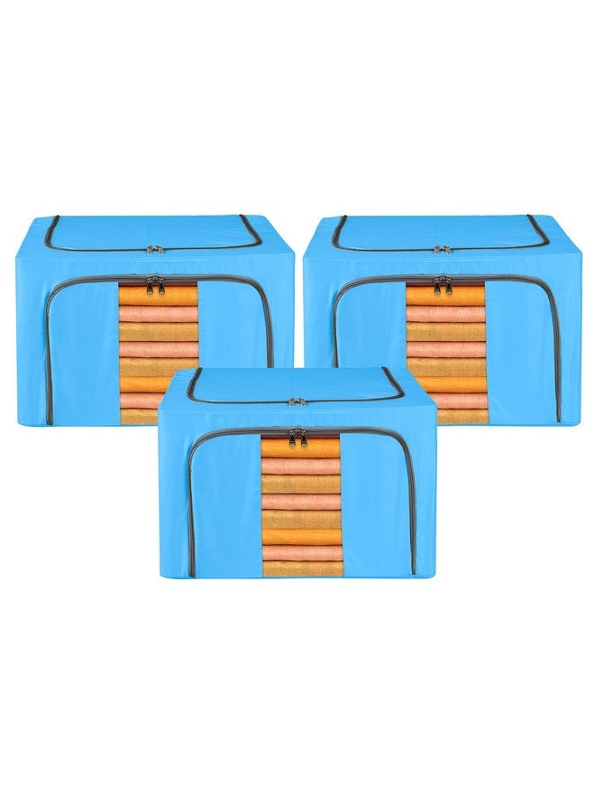 Kuber Industries Kuber Industries Pack of 3 Clothes Storage Box | 66 Liter Waterproof Storage Box for Saree-Shirts & Blankets | Underbed Storage Bag | Foldable Parachute Steel Frame Wardrobe Organizer | Sky Blue - Image 1