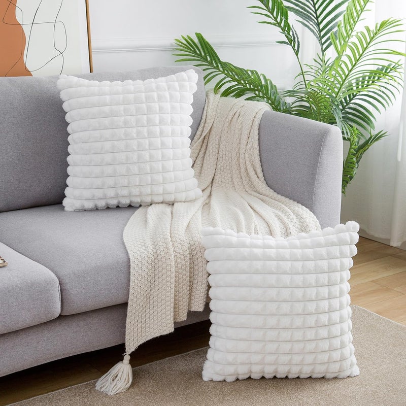 ELECDON 2Pcs Cushion Covers 45 x 45 Fluffy Faux Fur Buffalo Grid Sofa Cushion Case Luxurious Boho Farmhouse Throw Pillow Covers Soft Plush Pillowcases for Couch Bed Livingroom Car Home Decor(White) - Image 4