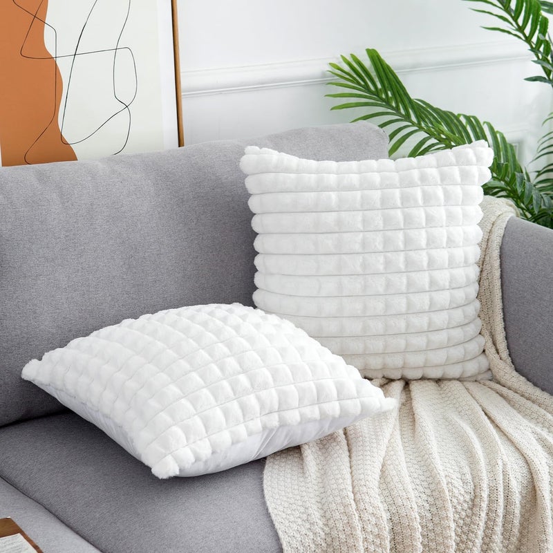 ELECDON 2Pcs Cushion Covers 45 x 45 Fluffy Faux Fur Buffalo Grid Sofa Cushion Case Luxurious Boho Farmhouse Throw Pillow Covers Soft Plush Pillowcases for Couch Bed Livingroom Car Home Decor(White) - Image 2