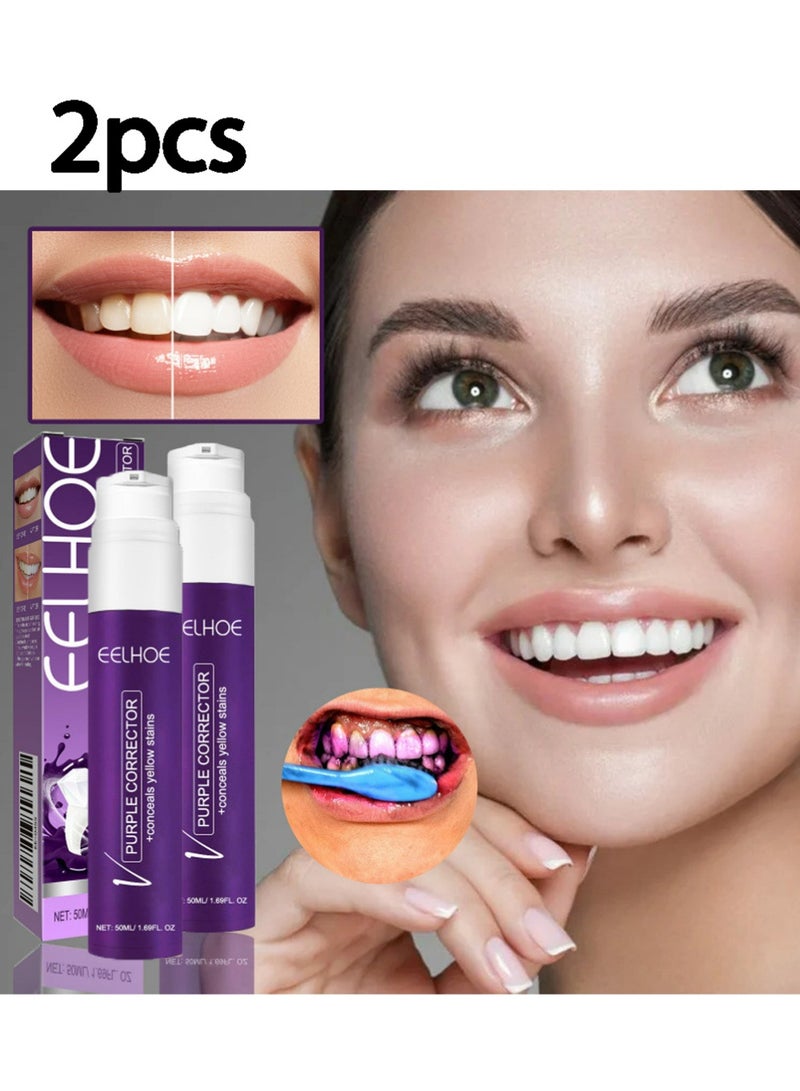 EELHOE 2PCS Purple Corrector 50ml, Teeth Whitening Toothpaste, Tooth Stains Removal, Color Corrector for Yellow Teeth Cleaning, Teeth Whitening Cream for Fresh Breath and Oral Hygiene - Image 1