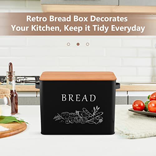 P&P CHEF Bread Box for Kitchen Counter, Metal Bread Storage Bin with Wooden Cutting Lid, Large Capacity for Holding 2+ Loaves, Retro Modern Style, Size 13” x 7.2” x 9.7”, Black - Image 5