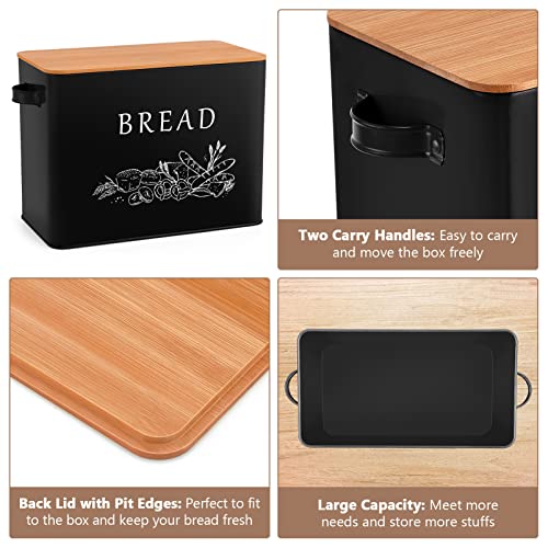 P&P CHEF Bread Box for Kitchen Counter, Metal Bread Storage Bin with Wooden Cutting Lid, Large Capacity for Holding 2+ Loaves, Retro Modern Style, Size 13” x 7.2” x 9.7”, Black - Image 4