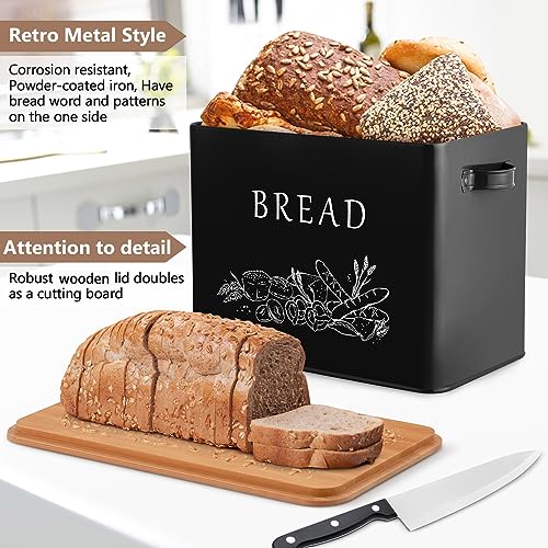 P&P CHEF Bread Box for Kitchen Counter, Metal Bread Storage Bin with Wooden Cutting Lid, Large Capacity for Holding 2+ Loaves, Retro Modern Style, Size 13” x 7.2” x 9.7”, Black - Image 3