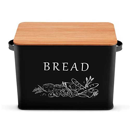 P&P CHEF Bread Box for Kitchen Counter, Metal Bread Storage Bin with Wooden Cutting Lid, Large Capacity for Holding 2+ Loaves, Retro Modern Style, Size 13” x 7.2” x 9.7”, Black - Image 1