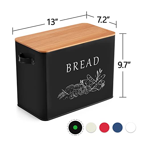 P&P CHEF Bread Box for Kitchen Counter, Metal Bread Storage Bin with Wooden Cutting Lid, Large Capacity for Holding 2+ Loaves, Retro Modern Style, Size 13” x 7.2” x 9.7”, Black - Image 2