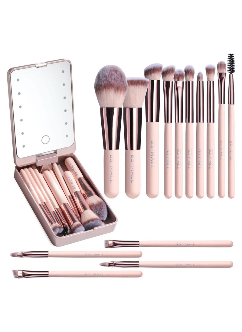 BS Mall BS-MALL Travel Makeup Brush Set Foundation Powder Concealers Eye Shadows Makeup Set with LED light Mirror 14 Pcs Mini Makeup Brushes  - Image 1