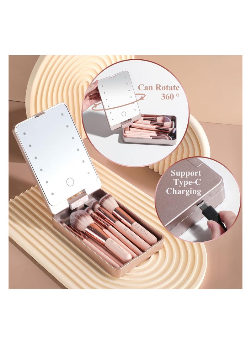 BS Mall BS-MALL Travel Makeup Brush Set Foundation Powder Concealers Eye Shadows Makeup Set with LED light Mirror 14 Pcs Mini Makeup Brushes  - Image 2