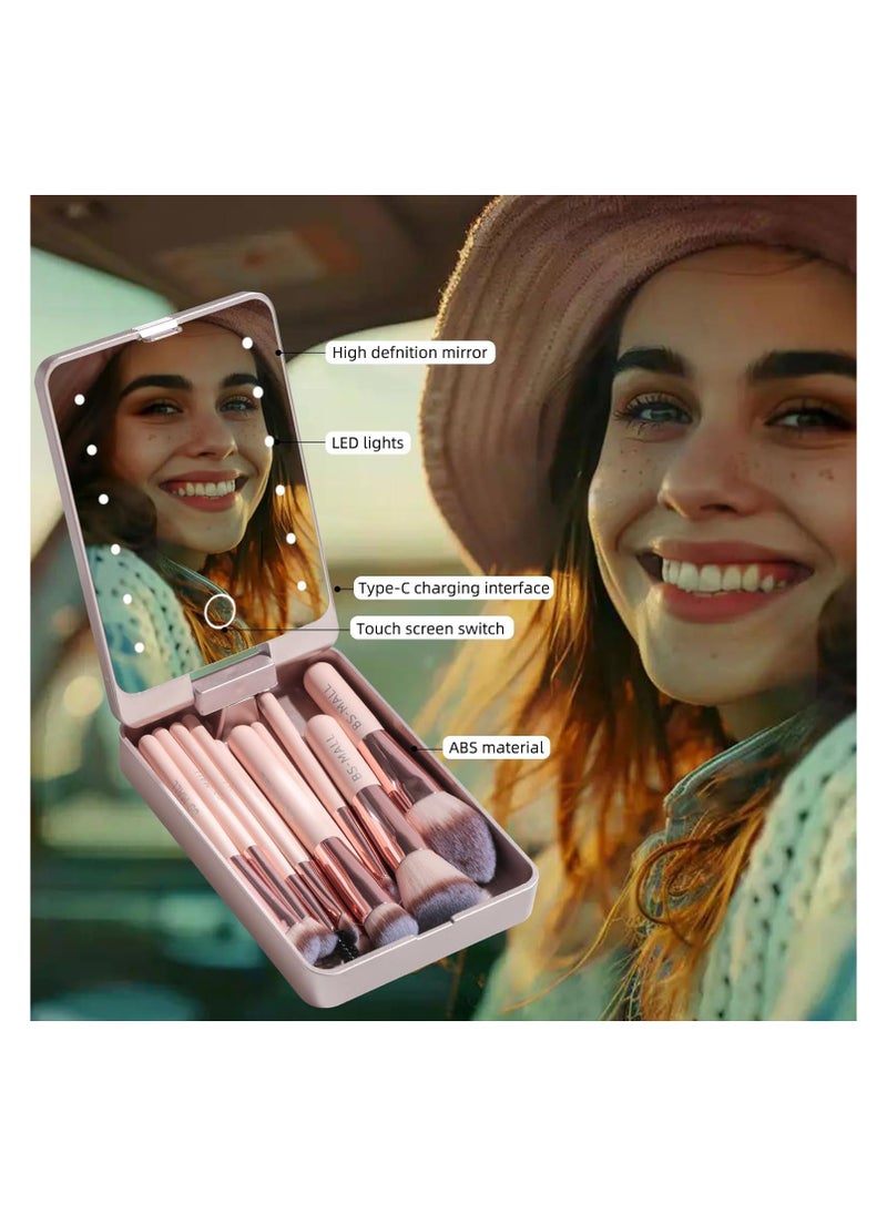 BS Mall BS-MALL Travel Makeup Brush Set Foundation Powder Concealers Eye Shadows Makeup Set with LED light Mirror 14 Pcs Mini Makeup Brushes  - Image 4