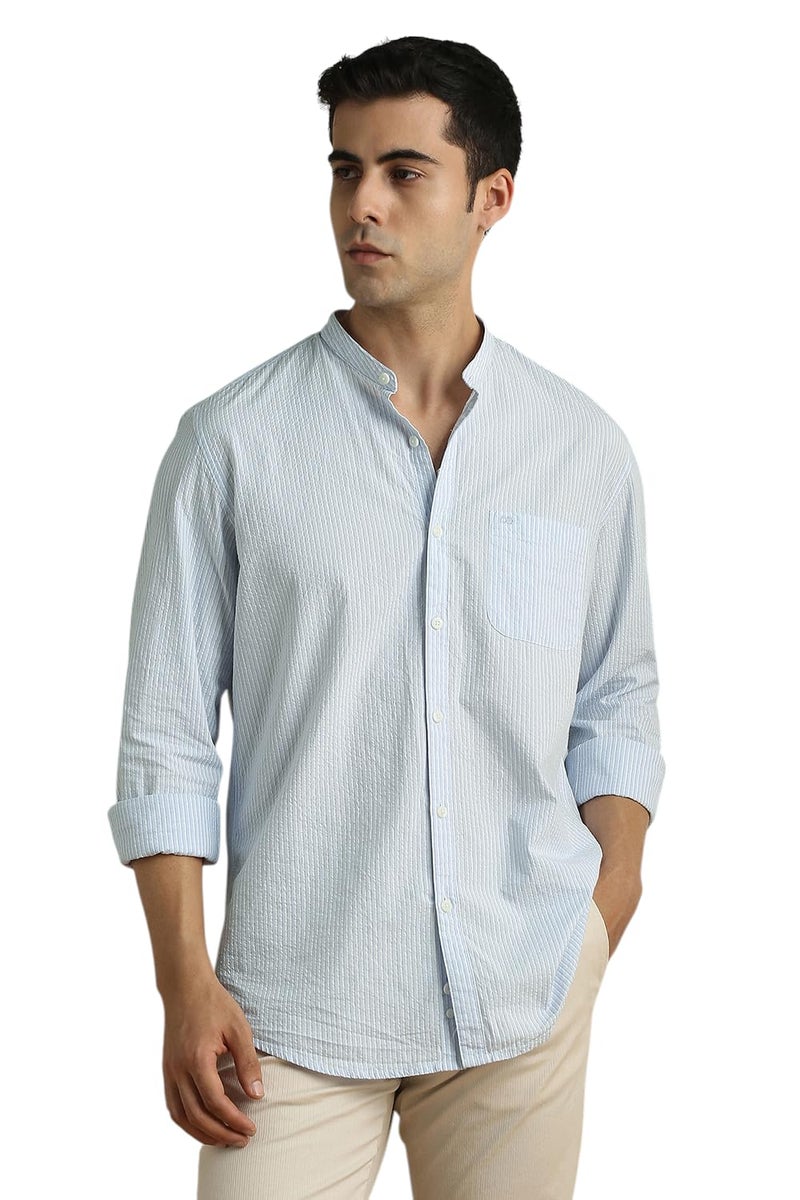 Peter England Men Light Blue Slim Fit Stripe Full Sleeves Casual Shirt - Image 1