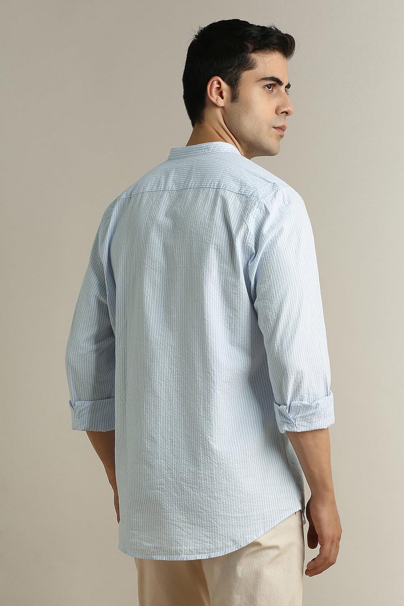 Peter England Men Light Blue Slim Fit Stripe Full Sleeves Casual Shirt - Image 5